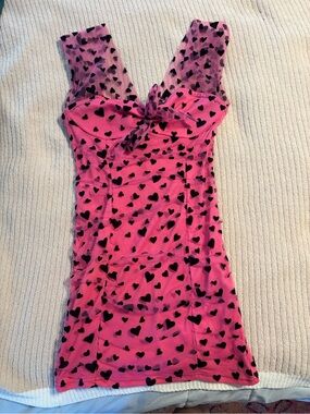Vintage Pink Mesh Mini Dress with Black Heart Print
